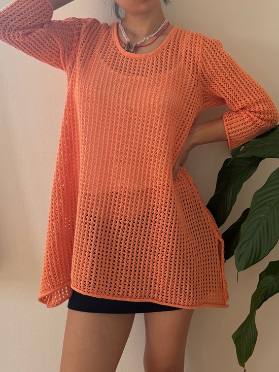 JEANNE PIERRE Tops - Jeanne Pierre 100% Cotton Open Knit Crochet Orange Top With Side Slits Size L